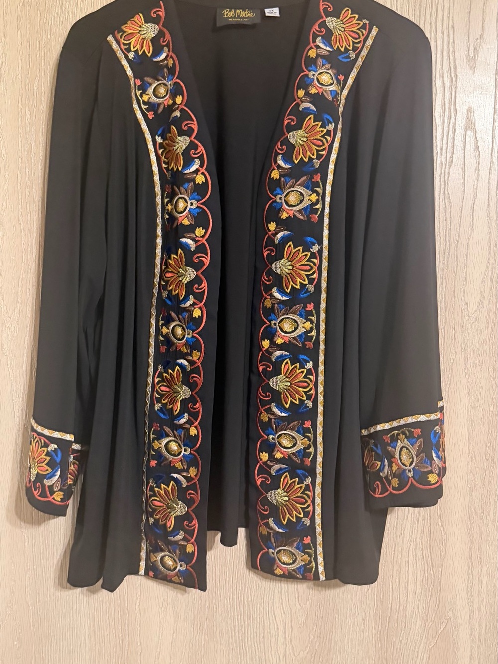Bob Mackie Black Open Front Tunic with Multicolor Floral Embroidery